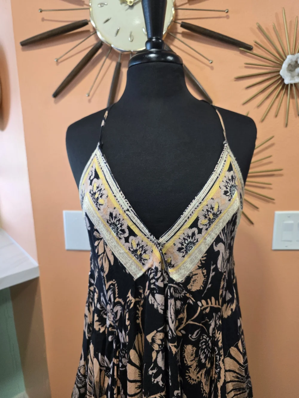 Free People Bali Seashell Scarf Print Dress Black and Blush Floral Mini Dress
